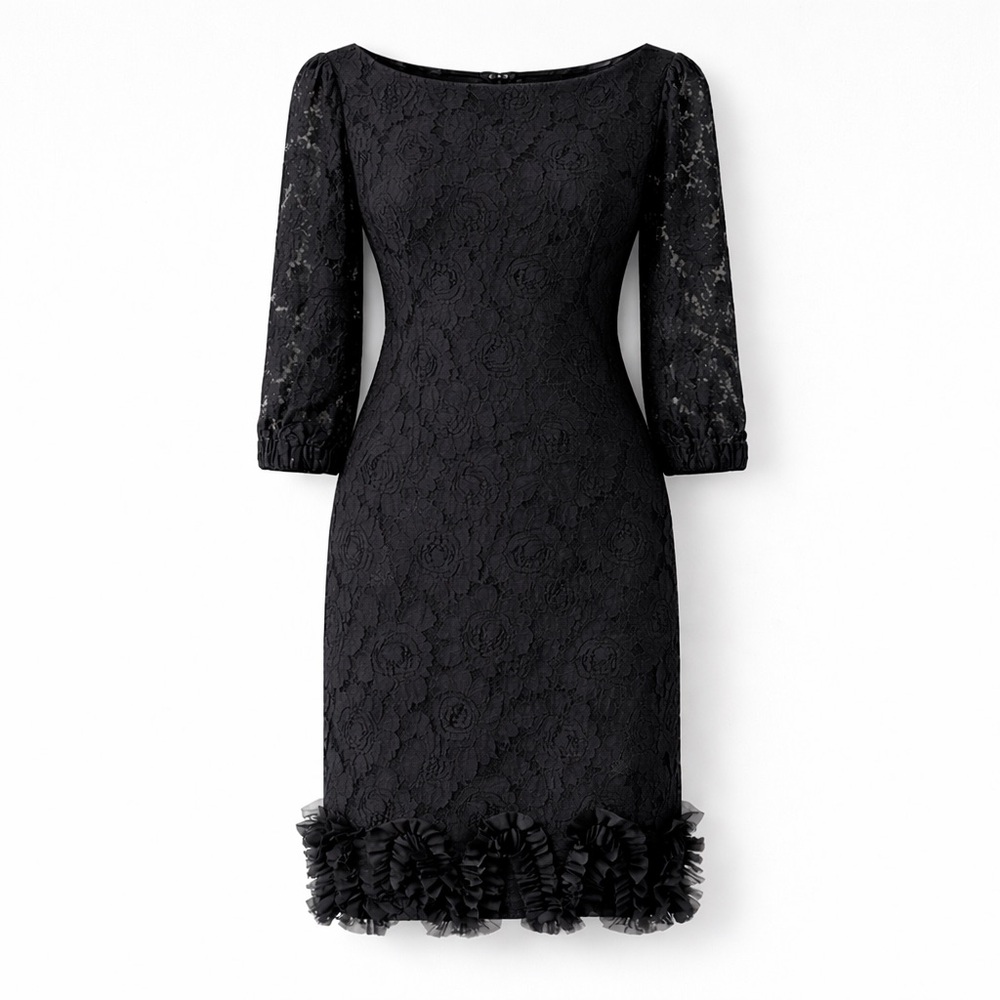 Anthro Black Lace Dress Size 6 | Ruffle Hem Cocktail Party Dress Anthropologie